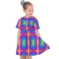 Groovy Blue Pink Yellow Square Pattern Kids  Sailor Dress by BrightVibesDesign