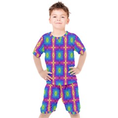 Groovy Blue Pink Yellow Square Pattern Kids  Tee And Shorts Set by BrightVibesDesign