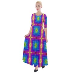 Groovy Blue Pink Yellow Square Pattern Half Sleeves Maxi Dress