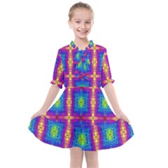 Groovy Blue Pink Yellow Square Pattern Kids  All Frills Chiffon Dress