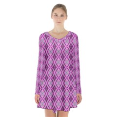 Argyle Large Pink Pattern Long Sleeve Velvet V-neck Dress by BrightVibesDesign