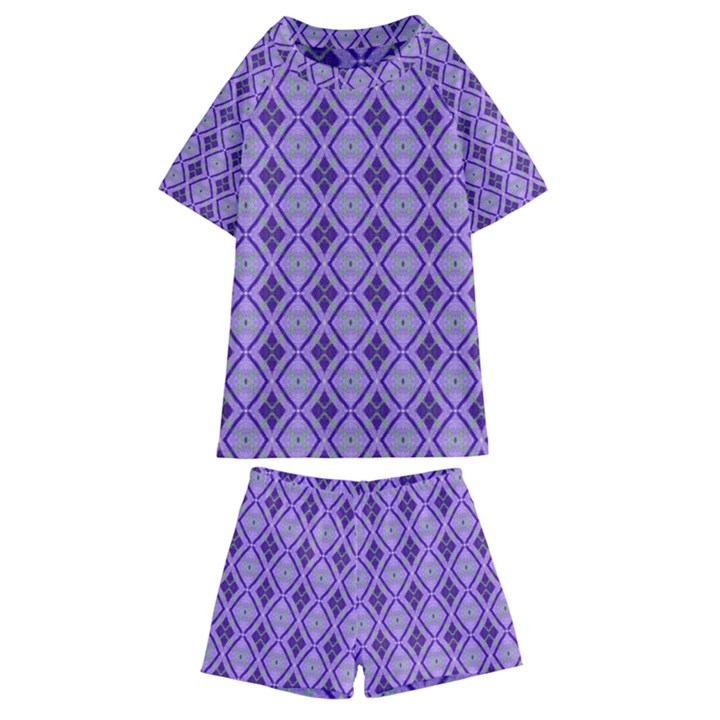 Argyle Large Purple Pattern Kids  Swim Tee and Shorts Set