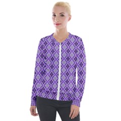 Argyle Large Purple Pattern Velour Zip Up Jacket