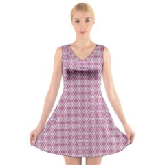 Argyle Light Red Pattern V-neck Sleeveless Dress by BrightVibesDesign