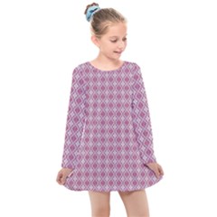 Argyle Light Red Pattern Kids  Long Sleeve Dress by BrightVibesDesign