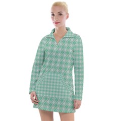 Argyle Light Green Pattern Women s Long Sleeve Casual Dress by BrightVibesDesign