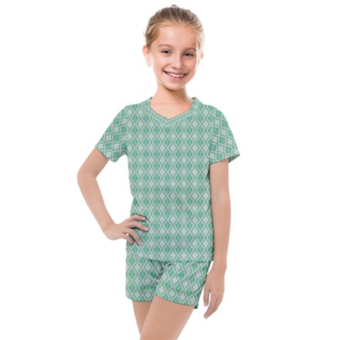 Argyle Light Green Pattern Kids  Mesh Tee And Shorts Set by BrightVibesDesign