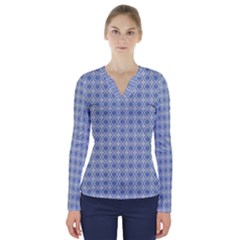 Argyle Light Blue Pattern V-neck Long Sleeve Top by BrightVibesDesign