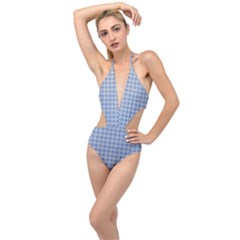 Argyle Light Blue Pattern Plunging Cut Out Swimsuit by BrightVibesDesign