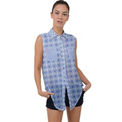 Argyle Light Blue Pattern Sleeveless Chiffon Button Shirt