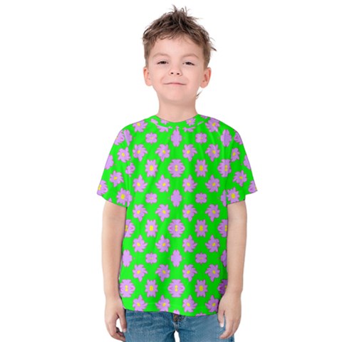 Modern Pink Flowers  On Green Kids  Cotton Tee by BrightVibesDesign