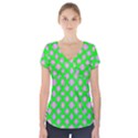 Modern Pink Flowers  On Green Short Sleeve Front Detail Top View1