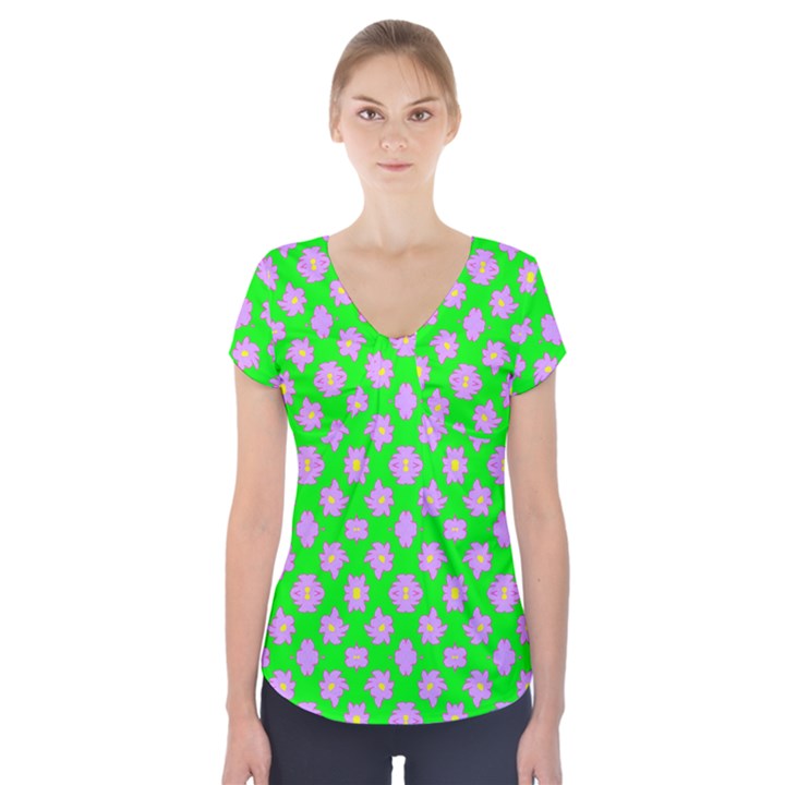 Modern Pink Flowers  On Green Short Sleeve Front Detail Top