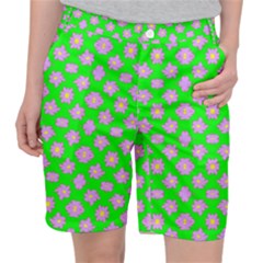 Modern Pink Flowers  On Green Pocket Shorts by BrightVibesDesign