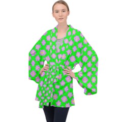 Modern Pink Flowers  On Green Velvet Kimono Robe by BrightVibesDesign