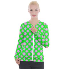 Modern Pink Flowers  On Green Casual Zip Up Jacket