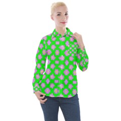 Modern Pink Flowers  On Green Women s Long Sleeve Pocket Shirt