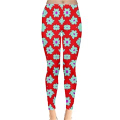 Modern Turquoise Flowers  On Red Leggings  by BrightVibesDesign