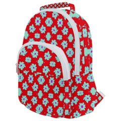 Modern Turquoise Flowers  On Red Rounded Multi Pocket Backpack