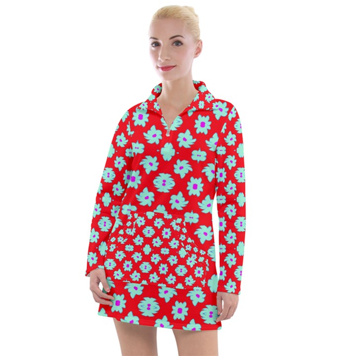 Modern Turquoise Flowers  On Red Women s Long Sleeve Casual Dress