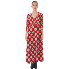 Modern Turquoise Flowers  On Red Button Up Boho Maxi Dress