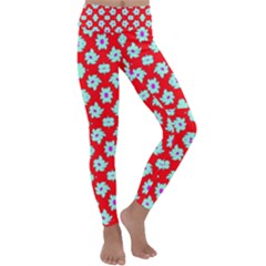 Modern Turquoise Flowers  On Red Kids  Lightweight Velour Classic Yoga Leggings by BrightVibesDesign