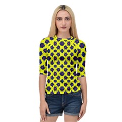 Modern Dark Blue Flowers On Yellow Quarter Sleeve Raglan Tee