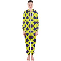 Modern Dark Blue Flowers On Yellow Hooded Jumpsuit (ladies)  by BrightVibesDesign