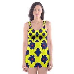 Modern Dark Blue Flowers On Yellow Skater Dress Swimsuit by BrightVibesDesign