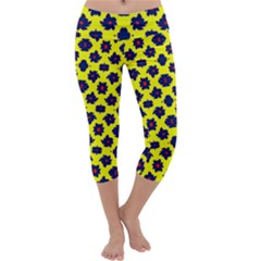 Modern Dark Blue Flowers On Yellow Capri Yoga Leggings by BrightVibesDesign