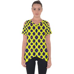 Modern Dark Blue Flowers On Yellow Cut Out Side Drop Tee by BrightVibesDesign