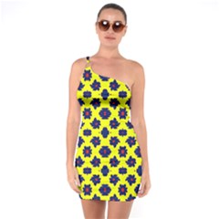 Modern Dark Blue Flowers On Yellow One Soulder Bodycon Dress by BrightVibesDesign