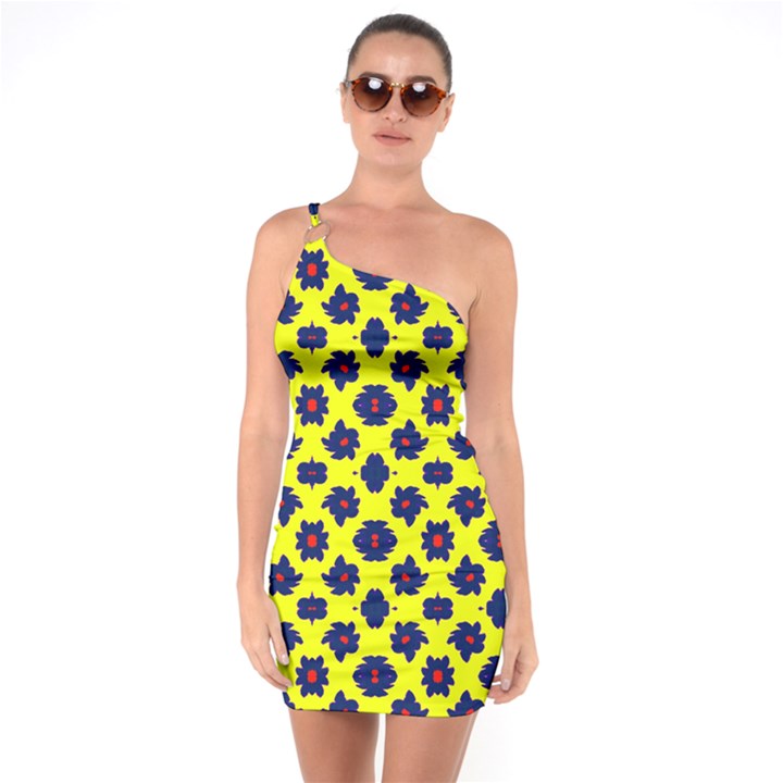 Modern Dark Blue Flowers On Yellow One Soulder Bodycon Dress