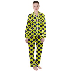 Modern Dark Blue Flowers On Yellow Satin Long Sleeve Pyjamas Set