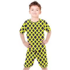 Modern Dark Blue Flowers On Yellow Kids  Tee And Shorts Set by BrightVibesDesign