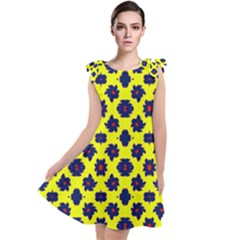 Modern Dark Blue Flowers On Yellow Tie Up Tunic Dress by BrightVibesDesign