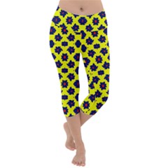 Modern Dark Blue Flowers On Yellow Lightweight Velour Capri Yoga Leggings by BrightVibesDesign