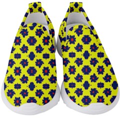 Modern Dark Blue Flowers On Yellow Kids  Slip On Sneakers by BrightVibesDesign