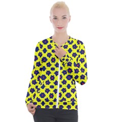 Modern Dark Blue Flowers On Yellow Casual Zip Up Jacket by BrightVibesDesign