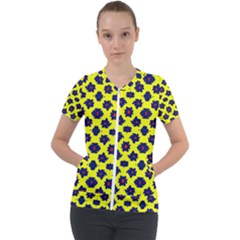 Modern Dark Blue Flowers On Yellow Short Sleeve Zip Up Jacket by BrightVibesDesign