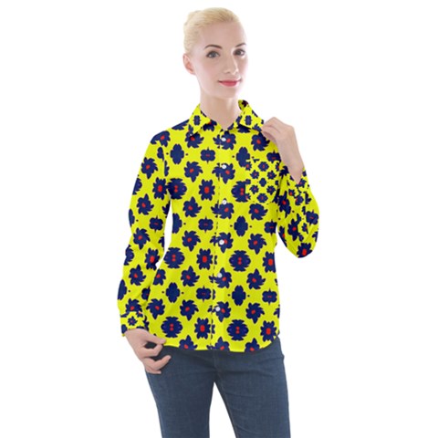 Modern Dark Blue Flowers On Yellow Women s Long Sleeve Pocket Shirt by BrightVibesDesign