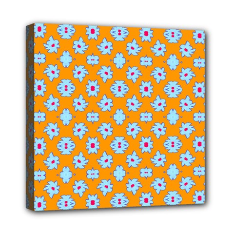 Modern Blue Flowers  On Orange Mini Canvas 8  X 8  (stretched) by BrightVibesDesign