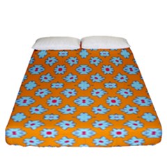 Modern Blue Flowers  On Orange Fitted Sheet (california King Size) by BrightVibesDesign