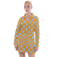 Modern Blue Flowers  On Orange Women s Long Sleeve Casual Dress by BrightVibesDesign