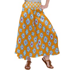 Modern Blue Flowers  On Orange Satin Palazzo Pants by BrightVibesDesign