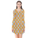 Modern Blue Flowers  On Orange Long Sleeve V-neck Flare Dress View1