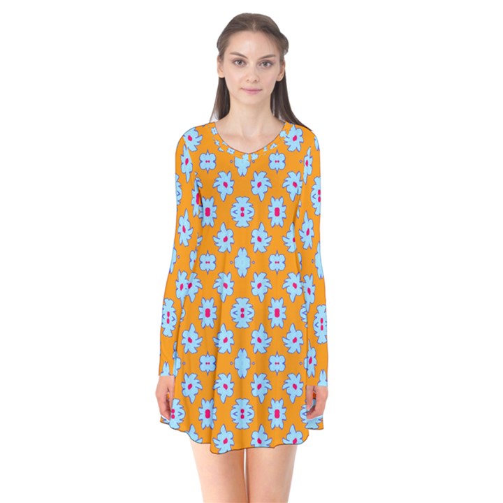 Modern Blue Flowers  On Orange Long Sleeve V-neck Flare Dress