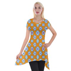 Modern Blue Flowers  On Orange Short Sleeve Side Drop Tunic by BrightVibesDesign