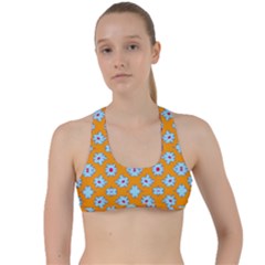 Modern Blue Flowers  On Orange Criss Cross Racerback Sports Bra by BrightVibesDesign