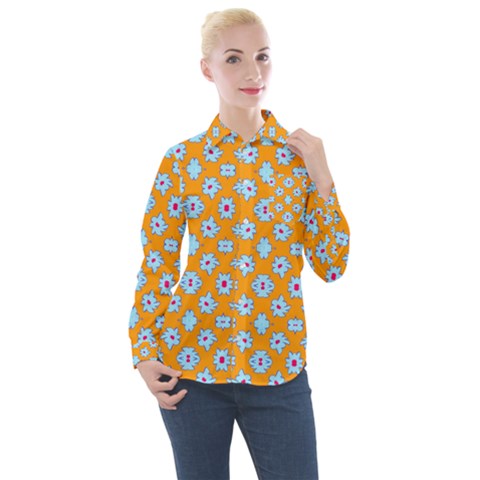 Modern Blue Flowers  On Orange Women s Long Sleeve Pocket Shirt by BrightVibesDesign